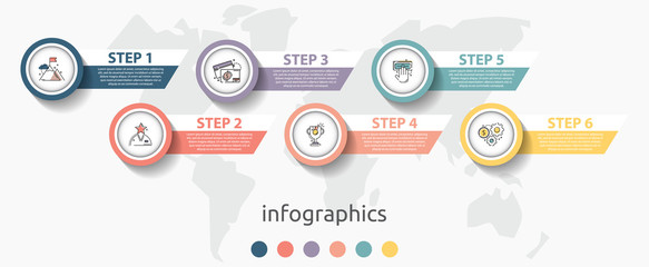 Vector infographic flat template circles for six label, diagram, graph, presentation. Business concept with 6 options. For content, flowchart, steps, timeline, workflow, marketing. EPS10