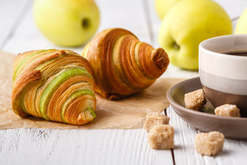 Delicious breakfast with fresh croissants