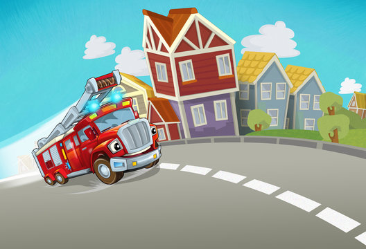 cartoon fire brigade driving through the city - illustration for children