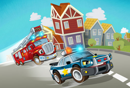 cartoon police and fire brigade driving through the city - illustration for children
