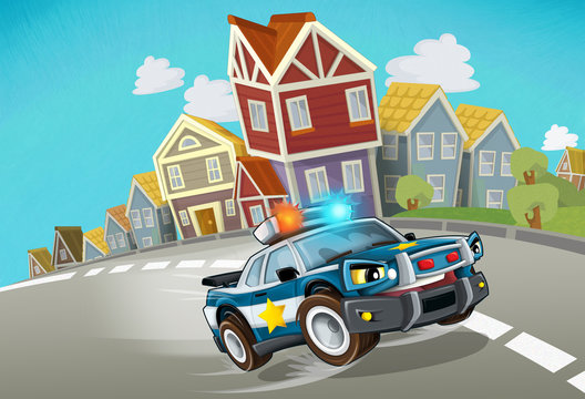 cartoon police chase through the city - illustration for children © honeyflavour