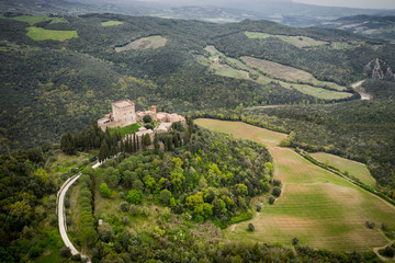 Ripa d'Orcia castle in Tuscany photo from the drone