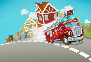 Obraz na płótnie Canvas cartoon fire brigade driving through the city - illustration for children