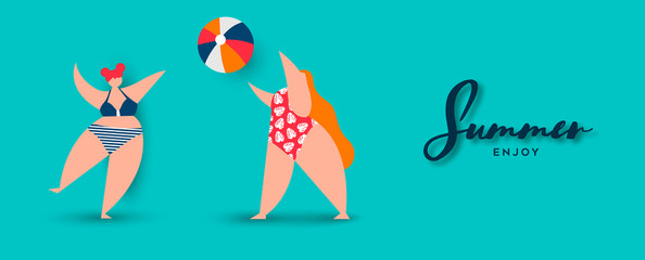 Summer vacation banner of curvy women at beach