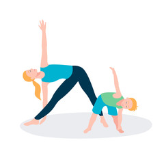 Mother and kid doing sport exercises. Family sports activity.