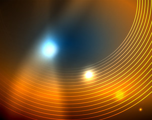 Blue neon circles, abstract circular lines. Glowing circle abstract pattern background