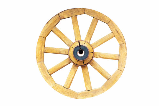 Vintage rustic wooden wagon carriage wheel isolated on white background.