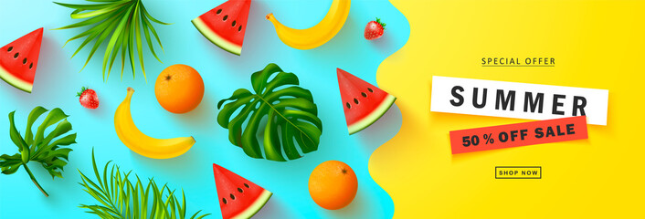Summer Sale banner.Beautiful Background with banana,strawberry,orange,watermelon and tropical leaves. Vector illustration for website , posters,ads, coupons, promotional material.