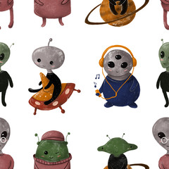 Seamless pattern with cute aliens on white background
