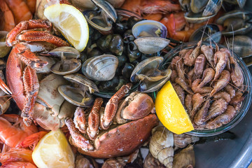 Delicious seafood plate: crab, shrimp, norway lobsters