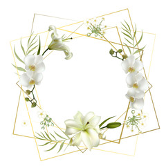 Flowers. Floral background. Orchids. Lilies. White. Green leaves.