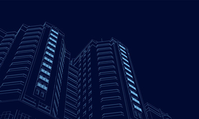 Fototapeta premium Wireframe of the building of the blue lines on a dark background. 3D. Polygonal building in perspective. Vector illustration