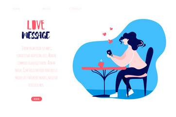 Obraz premium Cartoon girl writes a love message at the table. Vector web page template. Romantic banner in flat linear style.