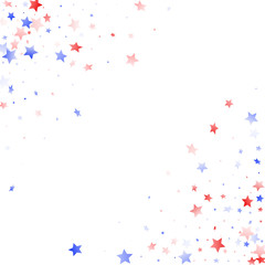 Flying red blue white star sparkles on white vector american patriotic background.