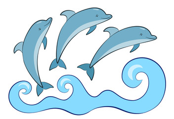 Dolphins jumping out of the sea, vector illustration of three dolphins isolated on white background