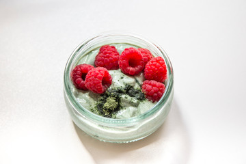 Matcha green tea yogurt and raspberries