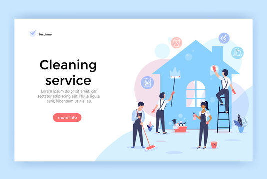 Cleaning service with professionals at work, concept illustration, perfect for web design, banner, mobile app, landing page, vector flat design