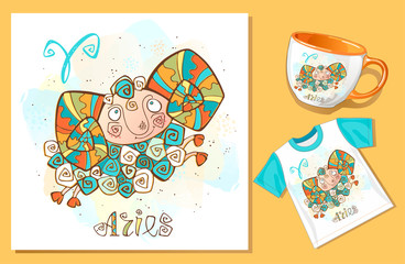 Children's horoscope icon. Zodiac for kids. Aries sign . Vector. Astrological symbol as cartoon character.