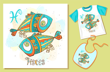 Naklejka premium Children's Zodiac. Pisces. Examples of application on t-shirt and bib. Vector.