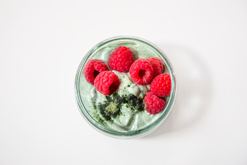 Matcha green tea yogurt and raspberries
