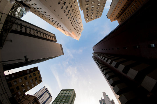 Fototapeta Buildings seen from below in wide angle