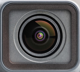 Action camera lens close-up shot, macro photography