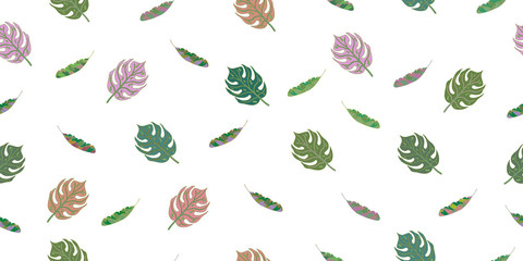 Seamless pattern from leaves of tropical plants. Vector hand drawing illustration.