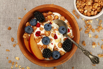 Portion of muesli granola breakfast with yogurt