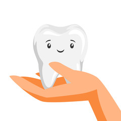 Illustration of smiling tooth on hand.