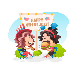 Two girls eating a burger and a hot dog together in the park at the 4th of july day. Cartoon flat vector illustration