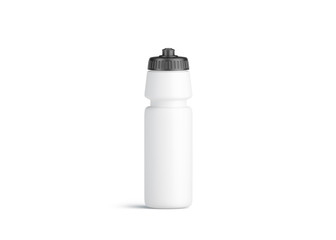 Blank white plastic sport bottle mockup, front view, isolated, 3d rendering. Clear empty can with grey cap mock up. White container with liquid for fitness or tourism. Flask for training template