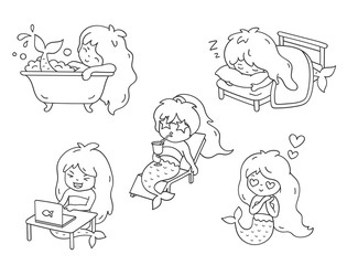 Mermaid, sunbathing on a lounger, sleeping, in love, bathing, laughing in front of a laptop. Set of cartoon character for coloring book. Vector outline illustration.