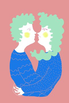 Lovely green haired couple hugging and kissing