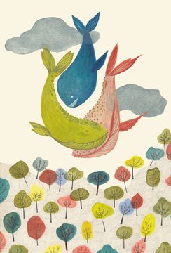 Three whales flying among clouds above a colourful forest