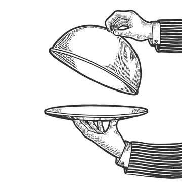 Dish plate with cloche and invisible food sketch engraving vector illustration. Scratch board style imitation. Black and white hand drawn image.