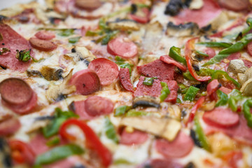 Delicious pizza served on porcelain plate