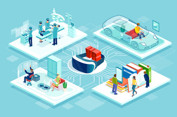 vector flowchart poster with vr controller car racing game, online education and shopping, medical surgery training activities