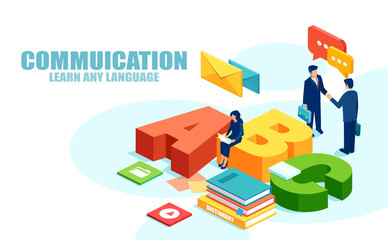 Vector of businessmen meeting and a businesswoman studying online