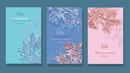 Set of colorful bright backgrounds with floral wormwood leaves and small flowers
