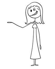 Cartoon stick figure drawing conceptual illustration of smiling and winking woman or businesswoman pointing his hand and offering or showing something.