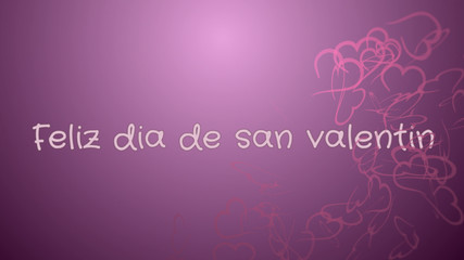 Feliz dia de san Valentin, Happy Valentine's day in spanish language, greeting card, pink hearts, lilac background
