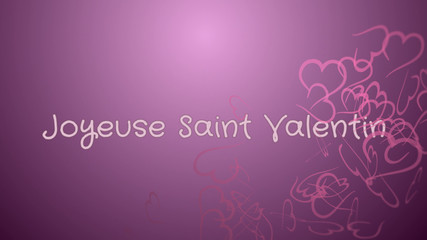 Fototapeta na wymiar Joyeuse Saint Valentin, Happy Valentine's day in french language, greeting card, pink hearts, lilac background
