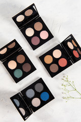 Eye shadow palettes on grey background. Professional Make up and Beauty. Beautiful Make-up concept. Top view