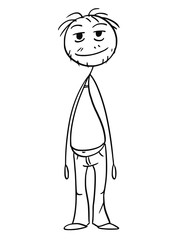 Cartoon stick figure drawing conceptual illustration of smiling goofy looking unkept and untidy yokel man in undershirt.
