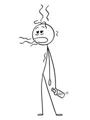 Cartoon stick figure drawing conceptual illustration of drunk or drunken man holding bottle in hand and belching.