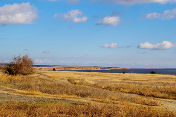 Fototapeta na wymiar The nature of the earth. Steppe, field and road. Deserted shore, cliff on the banks of the river. Trees Autumn. Cool. Daytime. blue sky with clouds