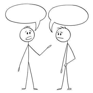 Cartoon stick figure drawing conceptual illustration of two men or  businessmen talking with empty or blank text or speech bubbles or balloons  above. Stock Vector | Adobe Stock