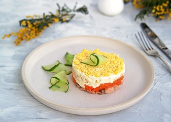 Traditional Russian salad Mimosa with boiled pink salmon, carrots, onions and eggs on a gray concrete background. Served on ceramic plates, decorated with sliced fresh cucumber