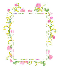 frame watercolor flowers of pink clover and yellow vetch. Hand drawing for cards, invitations and decor