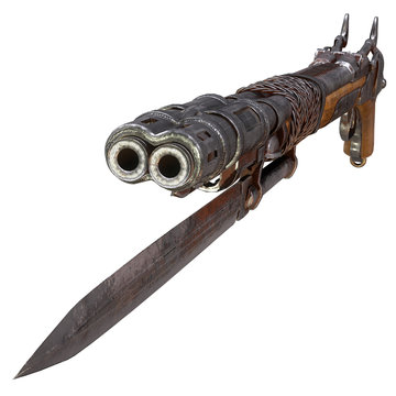 Fantasy bleed musket in post-apocalypse style with a knife on an isolated white background. 3d illustration